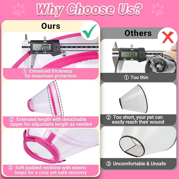 Dog Cone to Stop Licking, Clear Recovery Collar with Detachable Zipper, Sturdy Elizabethan Collar for Large Medium Small Dogs, Soft Adjustable Cone After Surgery Patented, Hot Pink XXL