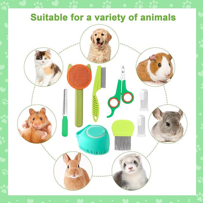 VCZONE 8 Pcs Cat Brush Grooming Kits, Pet Self Cleaning Kit with Pet Nail Clipper and File, Flea Comb, Pet Shampoo Bath Brush, Pet Shedding Brush, Silicone Toothbrush (Green)