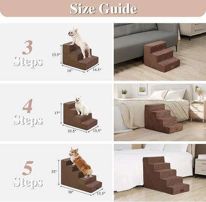 GGIB Dog Stairs for Small Dogs Cats Non-Slip Dog Steps for High Bed Pet Stairs for Sofa Couch Pet Ramp Pet Steps with Removable Washable Cover, Brown, 17" H, 4-Step