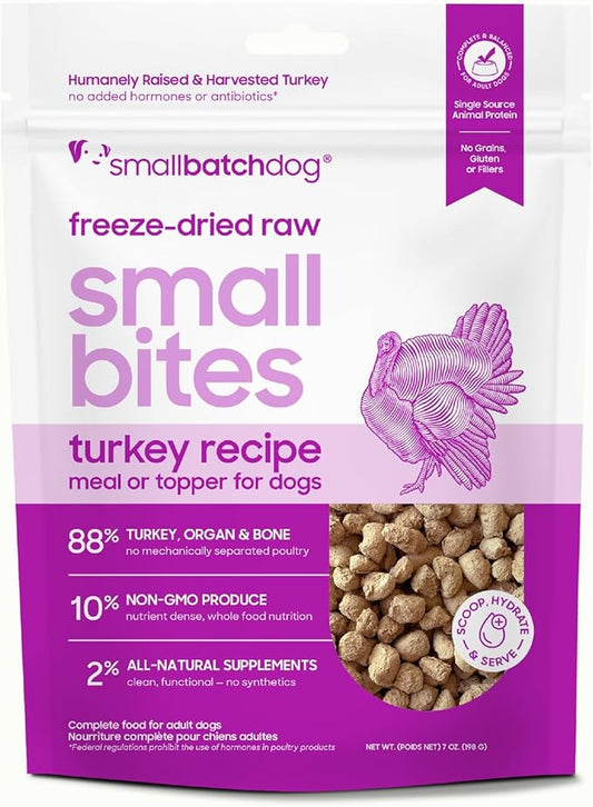smallbatch Pets Freeze-Dried Raw Dog Food – Turkey Recipe – 7oz Small Bites – High Protein, Grain Free – Complete Meal or Topper – Made in USA with Organic Superfoods7 Oz, Turkey
