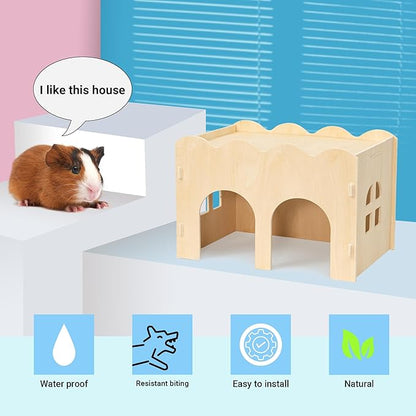 Bifeaw Guinea Pig Hideout, Natural Wooden Chew Proof Hideaway Hut for Small Pets (Wood, Guinea Pig)