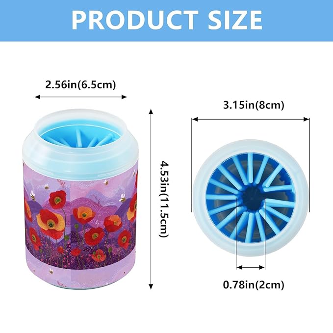 Dog Paw Cleaner Cups for Dogs Pets Foot Washer Paw Scrubber for Medium Small Cats Dogs Cleaning Cup Poppy Flowers Dots and Bees