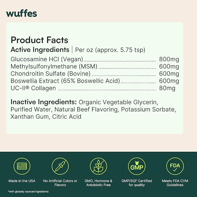 Wuffes Advanced Joint Liquid for Dogs, Hip & Joint Support Supplement with Glucosamine, Chondroitin, UC-II® Collagen, and MSM, for Small & Large Breeds, 16 Oz