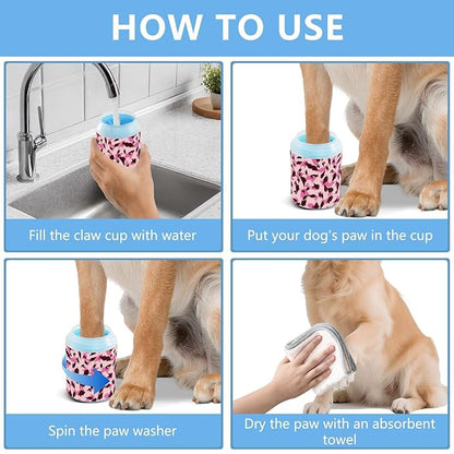 Dog Paw Cleaner Cups for Dogs Pets Foot Washer Paw Scrubber for Medium Small Cats Dogs Cleaning Cup Animal Print Pattern Pink