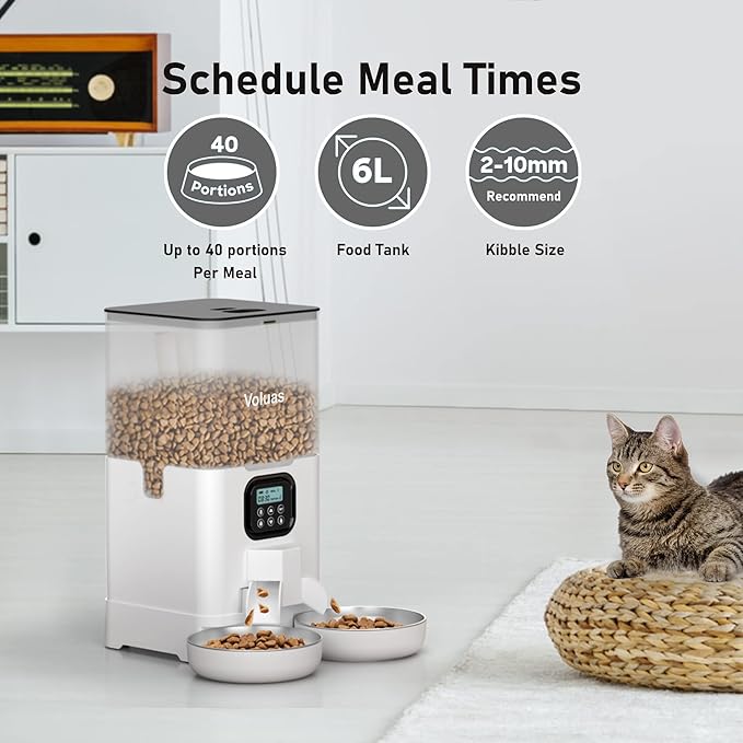Voluas Automatic Cat Feeder for Two Cats, Double Pet Feeder with 2 Stainless Steel Bowls,6L Timed Cat Feeders with Memory Function