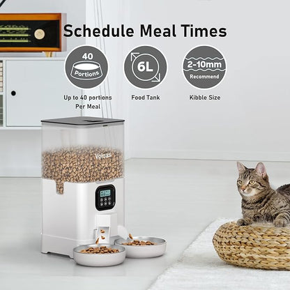 Voluas Automatic Cat Feeder for Two Cats, Double Pet Feeder with 2 Stainless Steel Bowls,6L Timed Cat Feeders with Memory Function