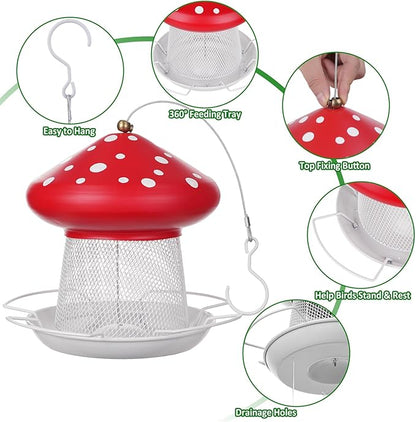 IWNTWY Bird Feeder, Heavy Duty Metal Bird Feeders for Outdoor Hanging, Cute Mushroom Shape 3.5 LB Large Capacity Wild Birdfeeder for Outside Garden Yard (Red)