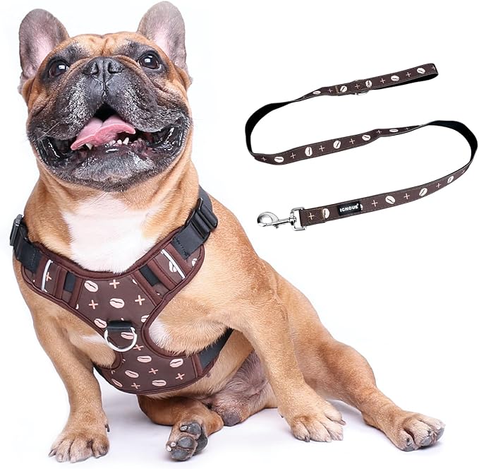 iChoue French Bulldog Vest Harness and Leash Set Adjustable No Pull Soft Padded with Locked Buckle for Frenchie Pug English Boston Terrier Dogs, Coffee Bean, Small