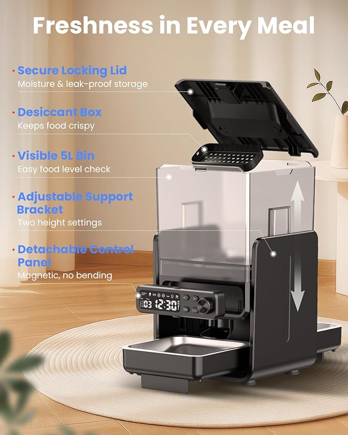 CityFlee Automatic Cat Feeder for 2 Cats, 5L/20 Cups Food Dispenser with Adjustable Raised Double Bowls, Detachable Control Panel, Timed Cat and Dogs Feeder for Dry Food, Dual Power Supply