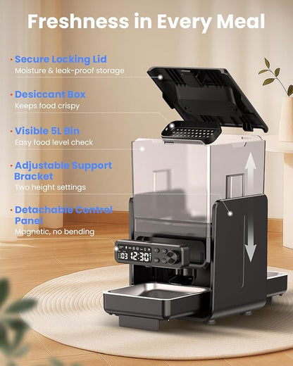 CityFlee Automatic Cat Feeder for 2 Cats, 5L/20 Cups Food Dispenser with Adjustable Raised Double Bowls, Detachable Control Panel, Timed Cat and Dogs Feeder for Dry Food, Dual Power Supply