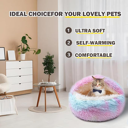 Cat Bed for Indoor Cats, Calming Cozy Cave with Self-Warming Plush, Entire Bed Machine Washable & Anti-Slip Base, Breathable Pet Bed for Small Cats&Dogs All Seasons (Dazzling colors, 24*24inch)