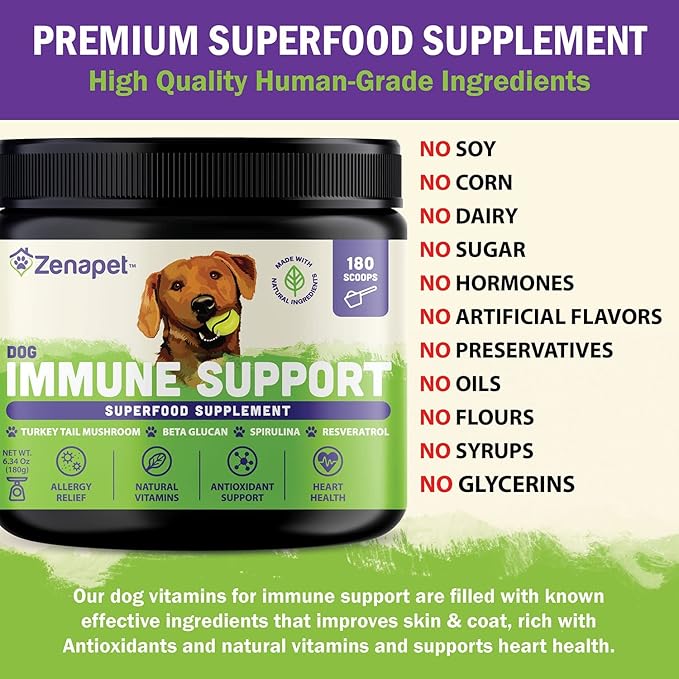 ZENAPET Dog Immune Support Premium Powder Topper, Turkey Tail, Spirulina & Beta-Glucan, Supports a Healthy Immune System & Digestion, Human-Grade, Made in USA