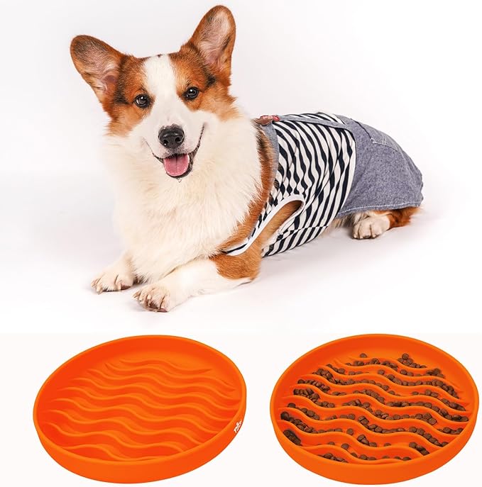 Slow Feeder Dog Bowls, Silicone Food Bowl Anti-Gulping, Pets Puppy Slow Feeder with Suction Cups, Dishwasher Microwave Safe for All Small Medium Dogs, Wave Design Orange