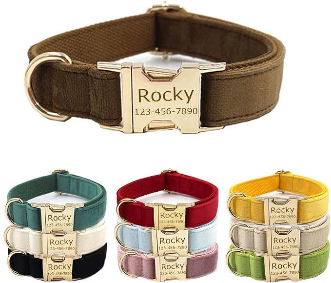 Personalized Velvet Dog Collars with Pet Name Phone Number Engraved, Custom Adjustable Soft Collar with Metal Buckle for Small Medium Large Dogs, Dog Leash and Bow Tie Available -Brown