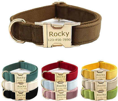 Personalized Velvet Dog Collars with Pet Name Phone Number Engraved, Custom Adjustable Soft Collar with Metal Buckle for Small Medium Large Dogs, Dog Leash and Bow Tie Available -Brown