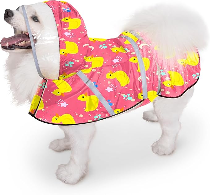 Dog Raincoat, Adjustable Rain Jacket with Hooded Double Layer for Large Medium Small Dogs Puppies, Lightweight Waterproof Rain Coat Poncho with Reflective Stripe Duck Pink,M