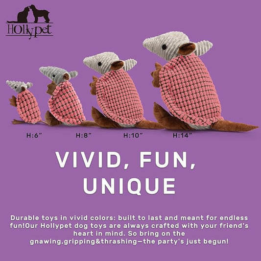 Hollypet Plush Dog Squeaky Toy Stuffed Armadillo Animal Pet Puppy Chew Toys with Clean Teeth for Small Medium Large All Breed Sizes Dogs, Bright Pink, 14 in