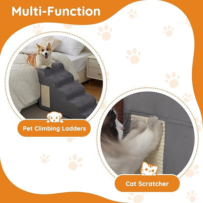 Pet Stairs, Dog Stairs for Small Dogs, Dogs Steps, 5-Step Curved Dog Ramp for Bed, Couch, Sofa, Car and Chairs, Non-Slip Bottom Design, Cat Scratching Board, High Density Foam Portable Pet Step, Grey