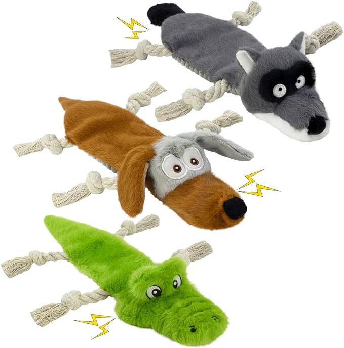 Squeaky No Stuffing Dog Toys, 3 Pack Rope Toys for Teething, Crinkle Plush Toys to Keep Them Busy, Tug Interative Dog Toys for Small Medium Large Breed.Not for Aggressive Chewers.