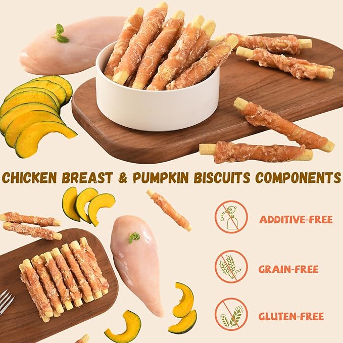 Chicken Jerky Wrapped Pumpkin Biscuits Treats for Dogs,Low Fat Rawhide Free Healthy Chewy Dog Training Treats,High Fiber Pumpkin Biscuits Dog Snacks for Small Medium Large Dogs 10.58 oz