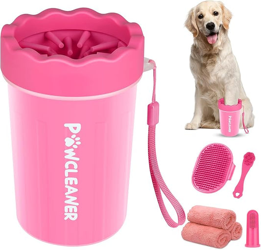 Professional 7 in 1 Dog Paw Cleaner for Dogs & Cats - Includes 1 Portable Paw Washer, 1 Bath Brush, 2 Dog Toothbrushes and 3 Absorbent Towels Note: Fits Paws 1.5 to 2.5 Inches Wide (Medium, Pink)