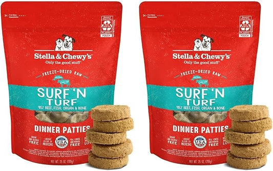Stella & Chewy's Freeze-Dried Raw Dinner Patties - Surf 'N Turf Salmon & Beef Recipe - High Protein Grain-Free Puppy & Dog Food - Perfect for Picky Eaters - 25 oz (Pack of 2)