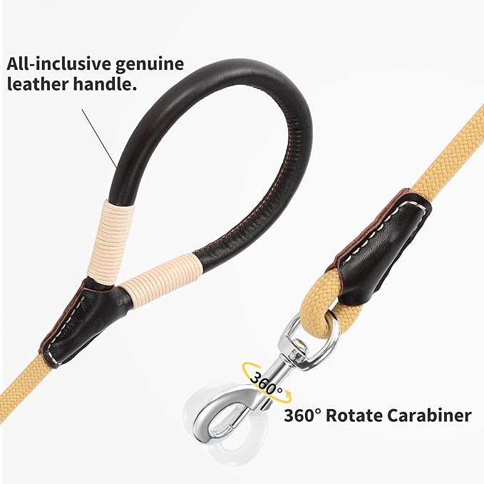 Mile High Life Genuine Leather Wrapped Handle Dog Leash, w Heavy Duty Clasp Rope Leash for Small Medium Large Dogs (Yellow, 6FT)