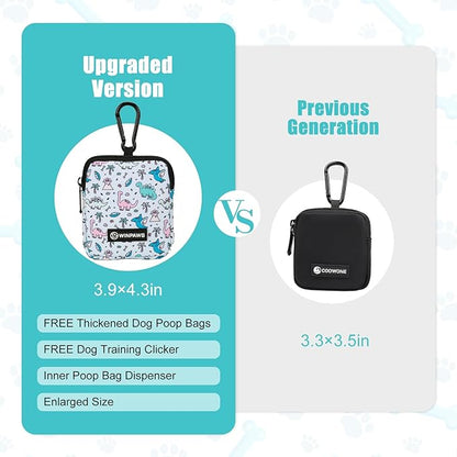 Dog Treat Pouch with Training Clicker,Waterproof Nylon Fabric Poop Bag Holders for Leashes,Hands Free Small Dog Walking Bag with Carabiner, Pet Puppy Training Walking Essentials (Dinosaur)