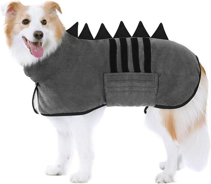 Super Absorbent Dog Bathrobe, Microfiber Bath Robe Towel for Fast Drying, Cozy Fit, Adjustable Belly Strap, Unique Dinosaur Design Dog Drying Coat for Bath, Rainy Walks & Cold Weather