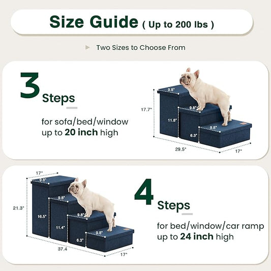 Love's cabin Dog Stairs with Storage,3 Steps Wider Dog Steps for High Bed 18" H,Foldable Pet Stairs for Small Medium Large Dogs Cats for Bed Couch Car, Ramp with Zip up to 200 lbs,Navy Blue, No Condo
