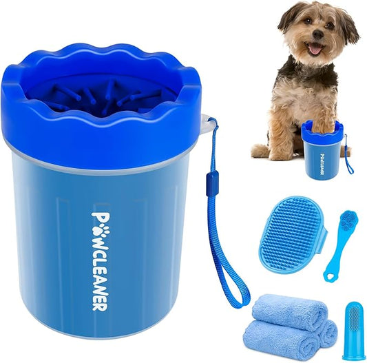 Professional 7 in 1 Dog Paw Cleaner for Dogs & Cats - Includes 1 Portable Paw Washer, 1 Bath Brush, 2 Dog Toothbrushes and 3 Absorbent Towels Note: Fits Paws up to 2 Inches Wide (Small, Navy Blue)