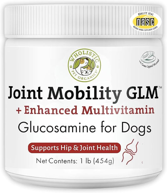 Wholistic Pet Organics Joint Mobility GLM - 1 Lb - Hip and Joint Supplement for Dogs - Glucosamine for Dogs - Chondroitin Supplement with Green Lipped Mussels - Senior to Puppy - Large & Small Breeds