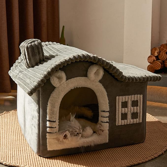 Jiupety Bear Cat Houses for Indoor Cats, Chimney Cute Cat Bed Cave, Enough Interior Space, Cartoon Soft Pet House Up to 3-7 lbs Kitten, Gray