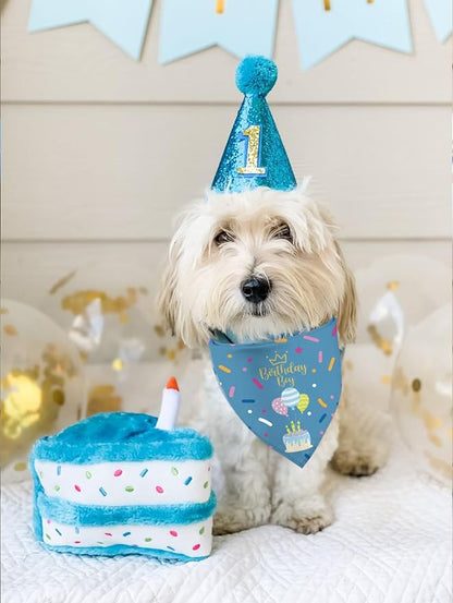 Birthday Boy Dog Bandana Puppy Scarf, Adjustable Triangle Double-Layer Reversible Pet Bandanas for Dogs Boy Birthday Party XL