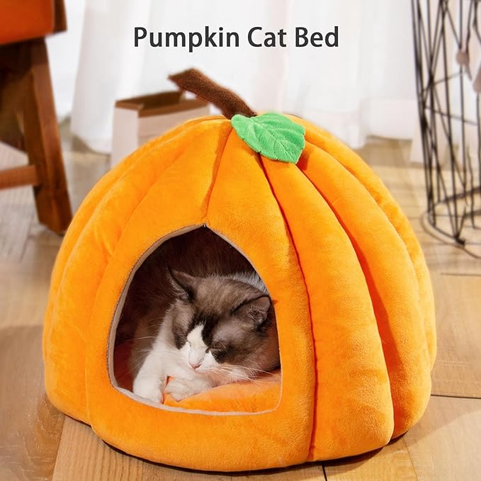 Pumpkin Cat Bed Halloween Pet Bed, Cute Pumpkin Shaped Cat Sleeping Tent Cave House with Removable Washable Cushion Non-Slip Bottom for Kitten Small Dogs (Blue,Within 8.8lb)