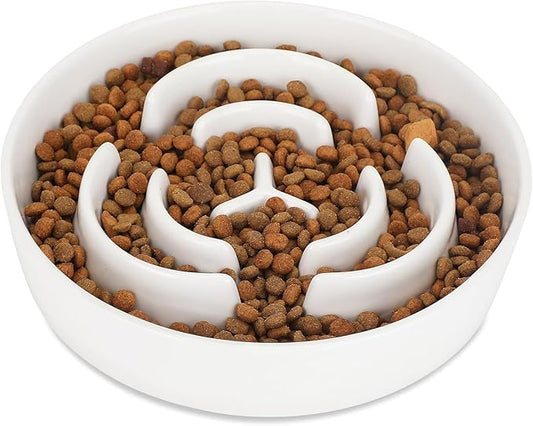 Ceramic Slow Feeder Dog Bowls,2.0 Cups Slow Feeder for Medium Large Breed,Puzzle Dog Food Bowl to Slow Down Eating, Anti-Gulping, Stop Bloat,Preventing Choking,Anti-Slip,8in,White