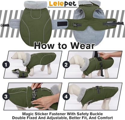 Lelepet Warm Dog Coat Reflective Fleece Vest Waterproof Dog Jacket with Adjustable Buckle Hook & Loop Windproof Cold Weather Coats for Small Medium Large Dogs, Army Green, S