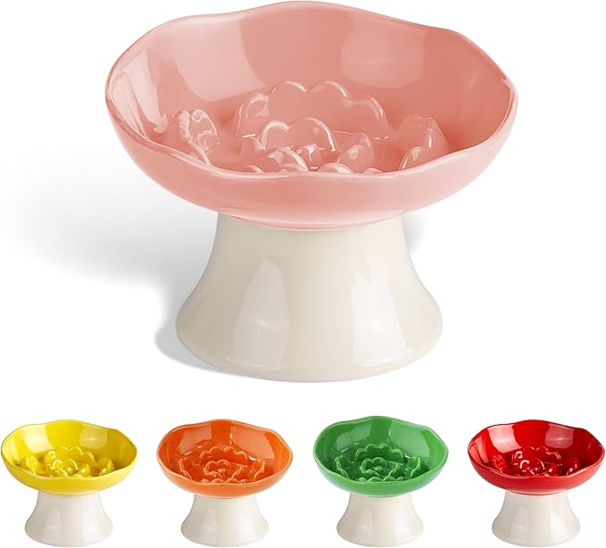 Ceramic Slow Feeder Bowl for Cats and Small Dogs, Elevated Tilted Pet Food Dish, Whisker Friendly Anti-Vomit Design, Heavy Stable Base, Dishwasher Safe， 5 Colors Options (Blush Pink)