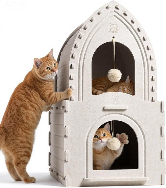 Apasiri Indoor Cat House for 2 Cats: 2-in-1 Double-Deck Cat House, Sturdy and Scratch-Resistant, Original Castle Design, A Perfect Indoor Cat Cave for Multiple Small Pets and Kittens