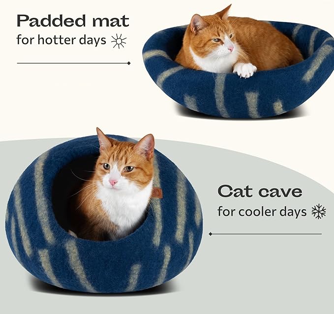 MEOWFIA Cat Cave – Premium Felt Cat Bed for Indoor Cats, Handmade 100% Merino Wool, Cat (Medium, Deep Azure)
