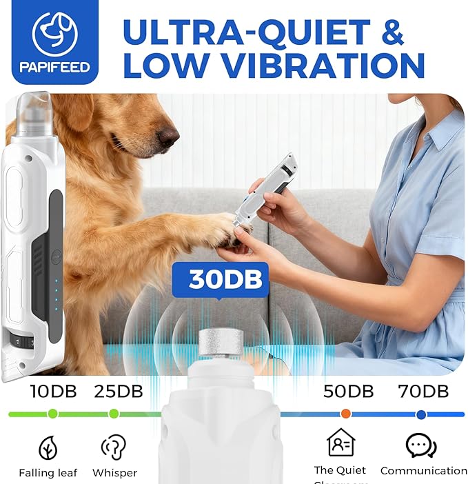 PAPIFEED High Torque Dog Nail Grinder Quiet - 6-Speed Adjustable Dog Nail Trimmers with 2 LED Lights & Dust-Proof Cover, Powerful Motor for Large/Medium/Small Dogs & Cats, Rechargeable - White Kit