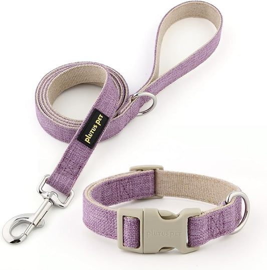 Plutus Pet Cotton Hemp Dog Collar and Leash Set, Adjustable Collar for Small, Medium, and Large Dogs, Heavy Duty and Soft on Skin, Lavender, XL