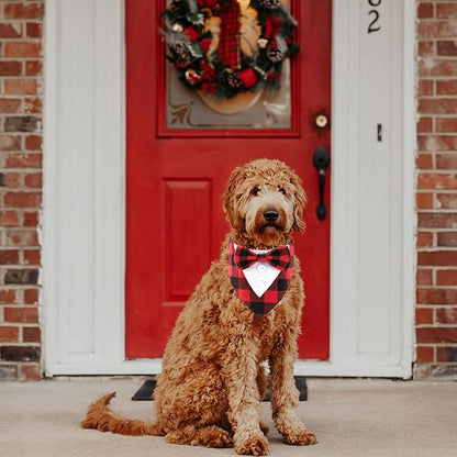 HDGDT Adjustable Red Plaid Christmas Dog Tuxedo Bandana with Bow Tie - Holiday Pet Outfit Costume for Dogs XS to XL