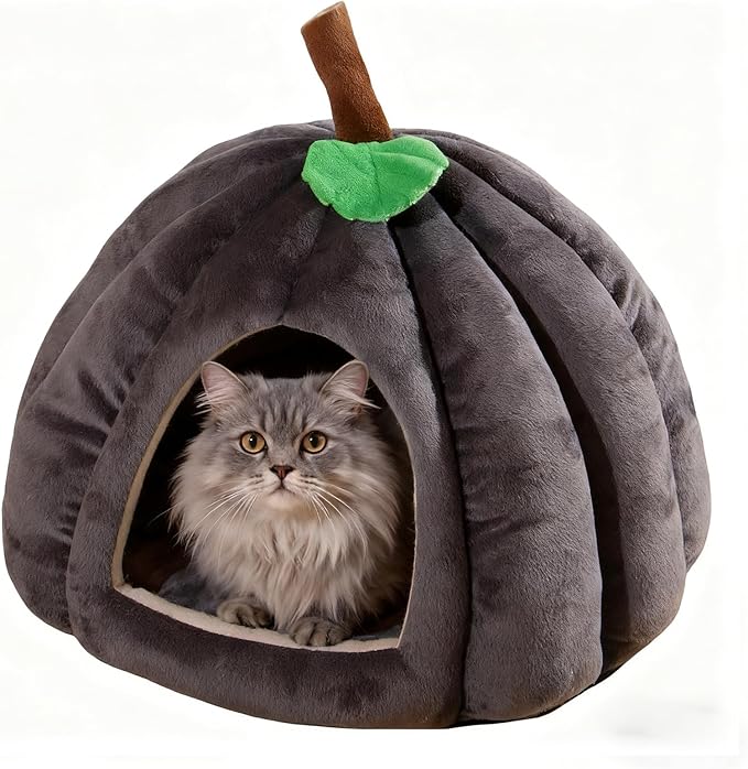 Cat Bed for Indoor Cats - Adorable Cozy Pumpkin Cat Cave with Removable Cushion, Super Soft Pet House Tent for Kittens & Small Pets, Warm & Washable Non-Slip Design(M 17.7 inch Grey)