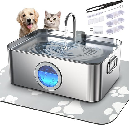 12L/3.2Gal Dog Water Fountain Stainless Steel with Silicone Mat & 3 Set Filters, DYSJ01 Dog Fountain Water Bowl for Large Dogs Cats & Multi-Pet Home with Water Level Window & LED Indicator