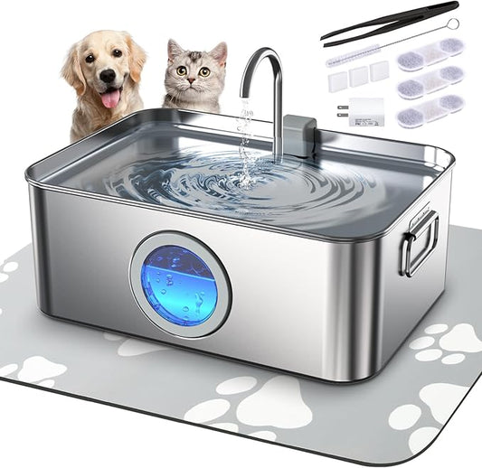 12L/3.2Gal Dog Water Fountain Stainless Steel with Silicone Mat & 3 Set Filters, DYSJ01 Dog Fountain Water Bowl for Large Dogs Cats & Multi-Pet Home with Water Level Window & LED Indicator