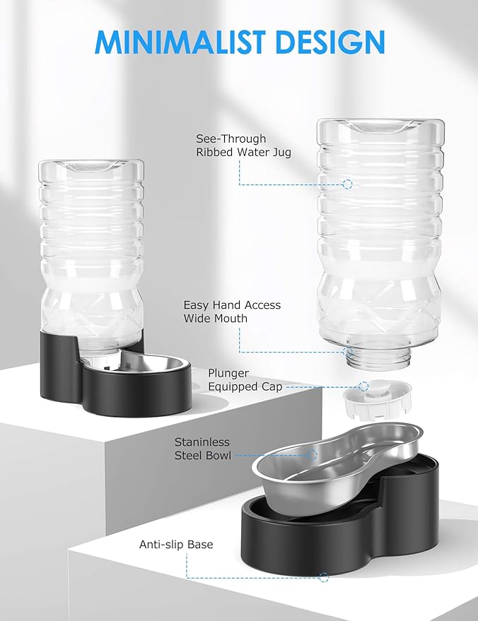 2.1 Gallon Automatic Dog Water Dispenser【Wide Mouth for Easy Hand-in Cleaning】【Removable Stainless Steel Bowl】, Gravity Refilling Large Capacity for Cats and Dogs, Multi-Pet Homes