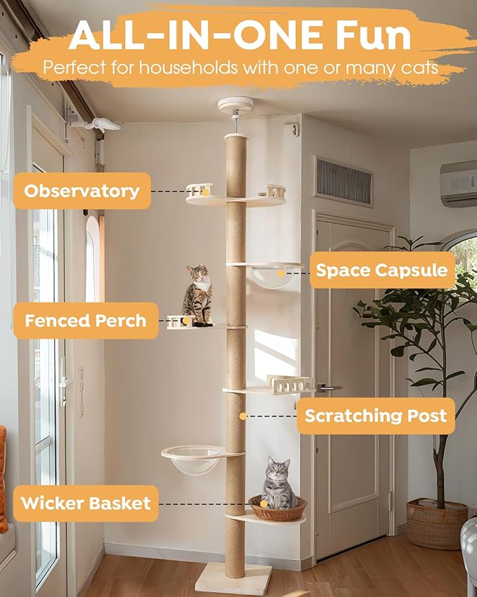 Veehoo Floor to Ceiling Cat Tree Height(106-123 Inch) Adjustable, Sturdy Tall Cat Tree with 4.3" Thickened Scratching Posts, Floor to Ceiling Cat Tower for Indoor Cats