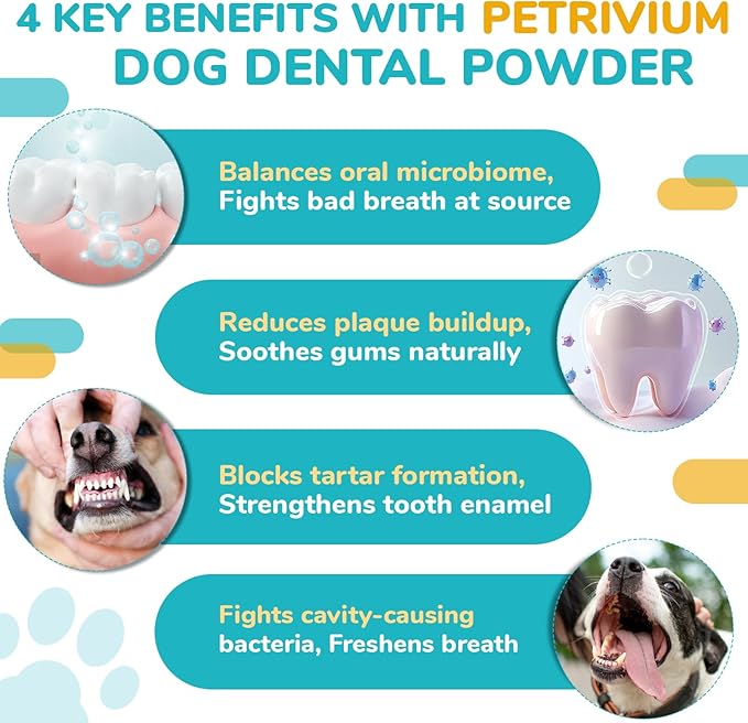 Dog Teeth Cleaning Powder, Dog Dental Powder for Teeth Cleaning and Dog Breath Fresh, Bad Breath Fresher & Tartar Remover with Enzyme, Probiotics. Plaque Off Pet Tooth Cleaning 120 Grams 60 Servings