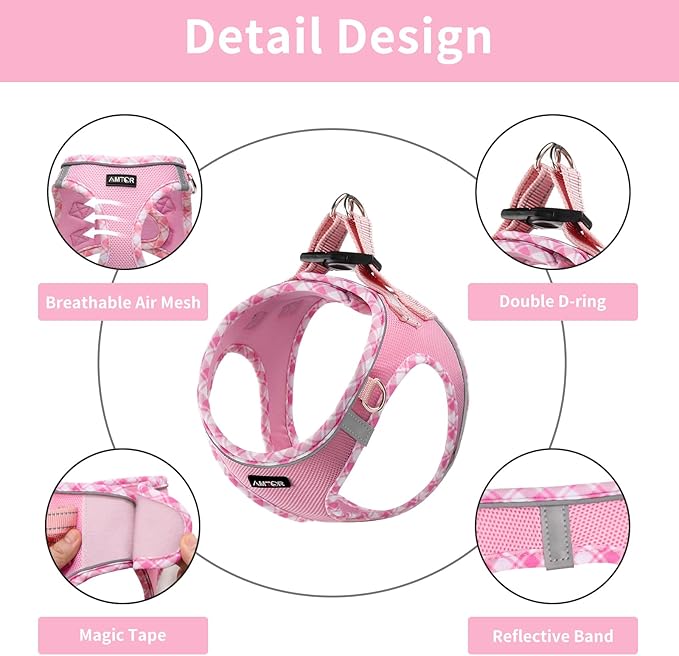 AMTOR Small Dog Harness with Leash Set, No Escape Easy Walk Puppy Harnesses for Training Walking, Step-in Reflective Soft Dogs Vest for XS S Medium Extra-Small Large Sized Dog(XL Size,Pink/White)